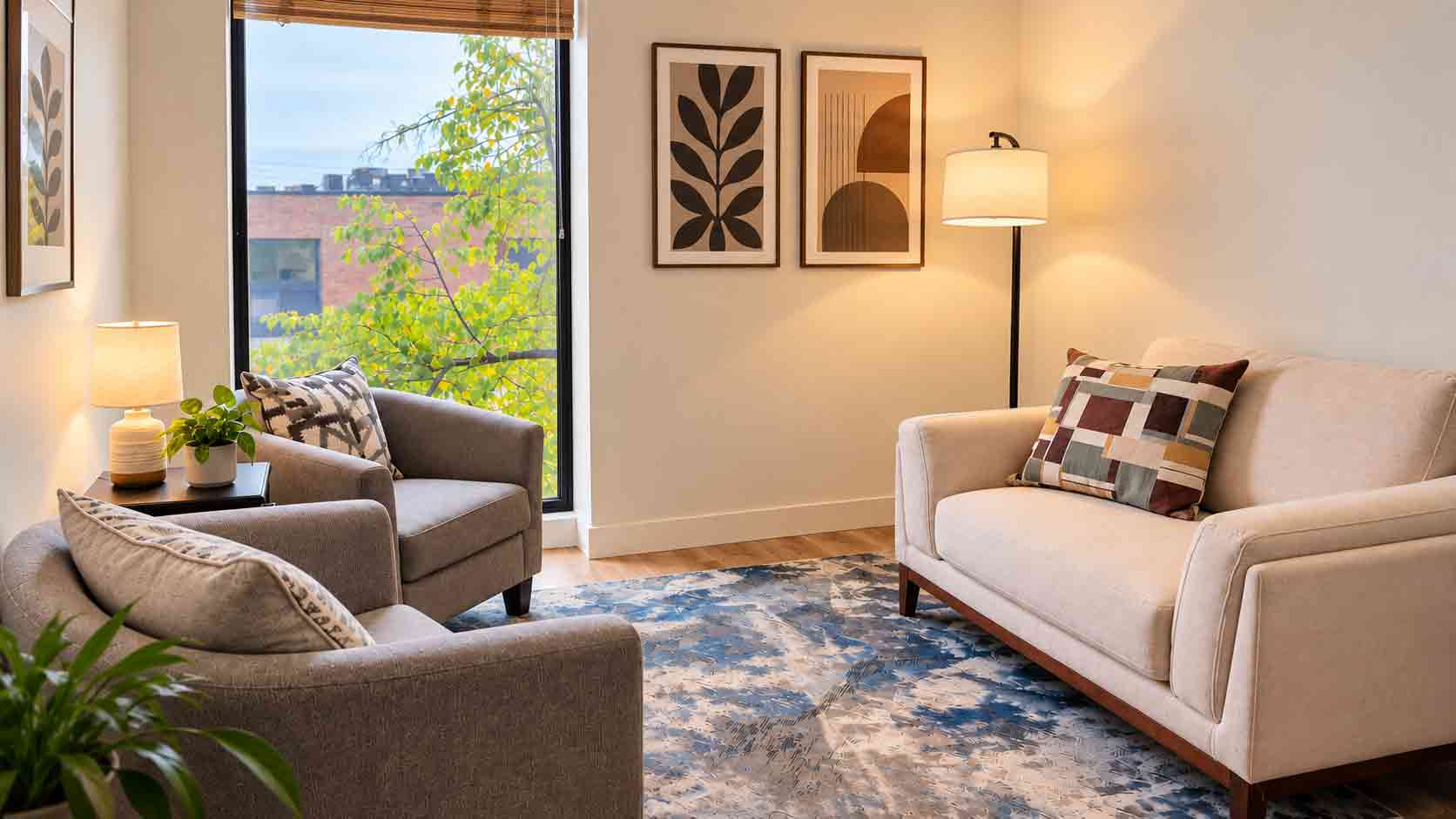 A bright, welcoming room at The Better Care Family Centre with upholstered armchairs and a sofa beside a large window with views of green trees